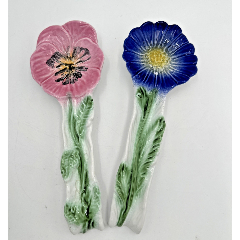 2 Vintage Spoon Rest Horchow Made In Italy Pottery Floral Hand Painted